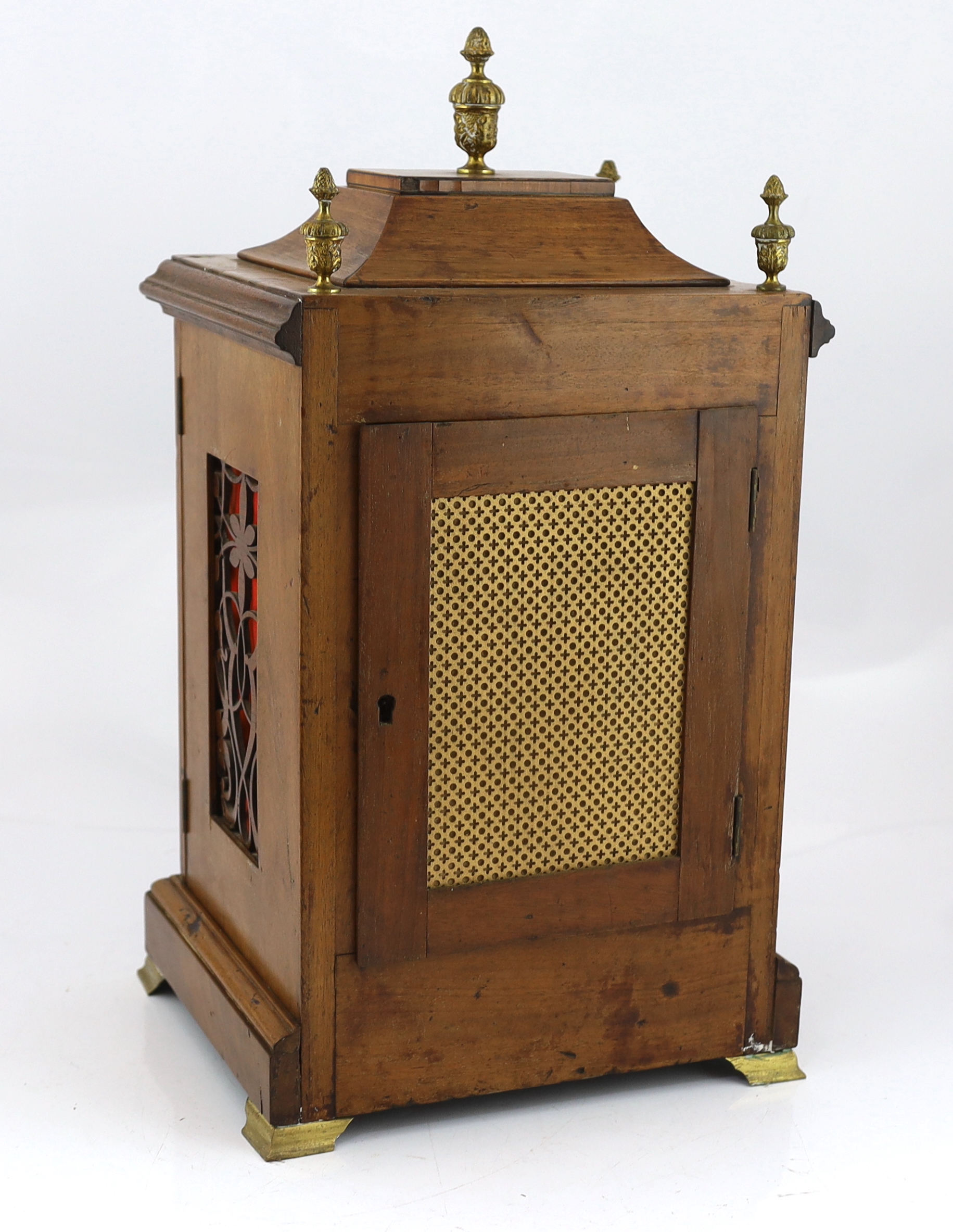 An Edwardian marquetry inlaid mahogany eight day chiming bracket clock 32cm wide, 27cm deep, 55cm high